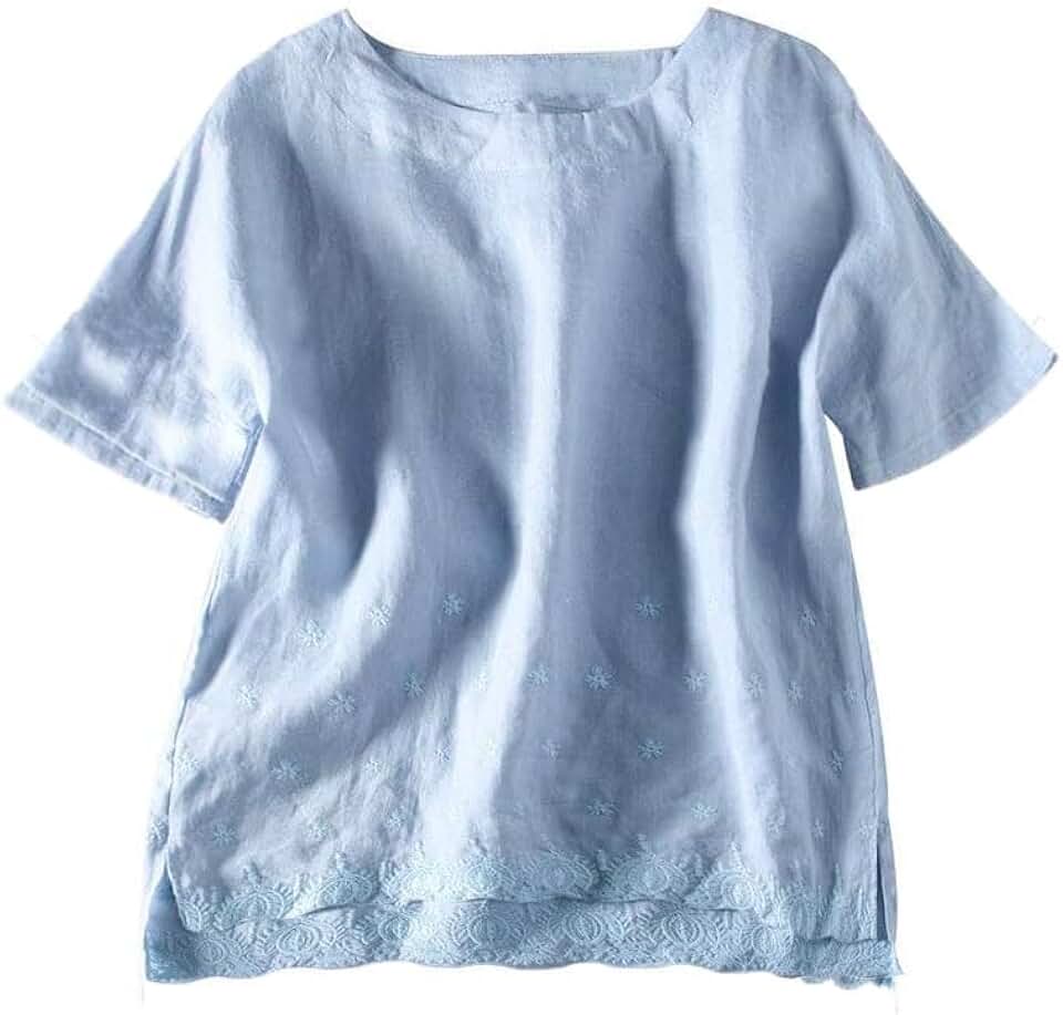 Minibee Women&#x27;s Summer Linen Tunic Shirt High Low Hem Embroidery Blouse Top