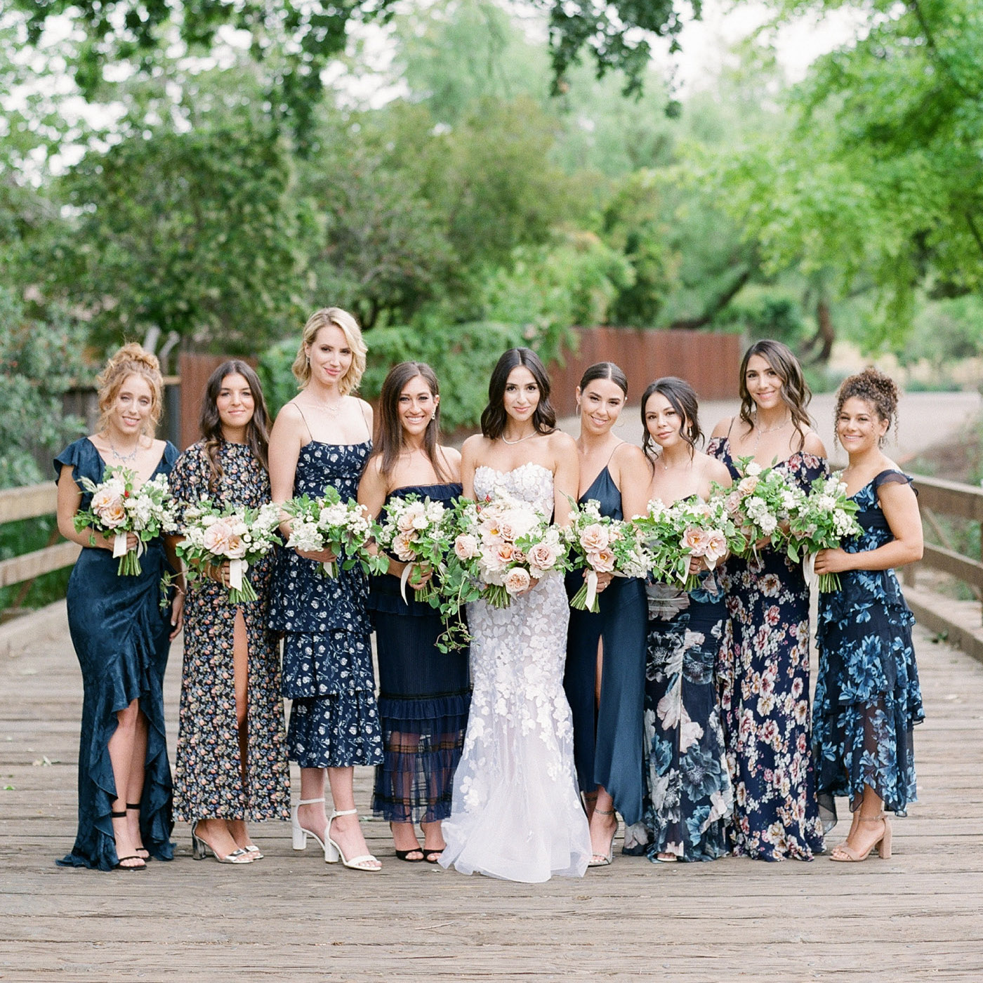 floral maxi dress and navy suit couple