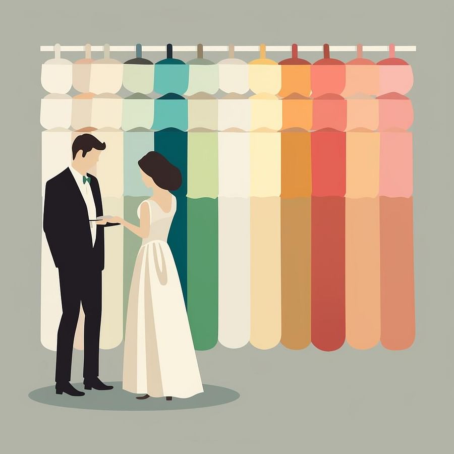 A bride and groom looking at different color swatches