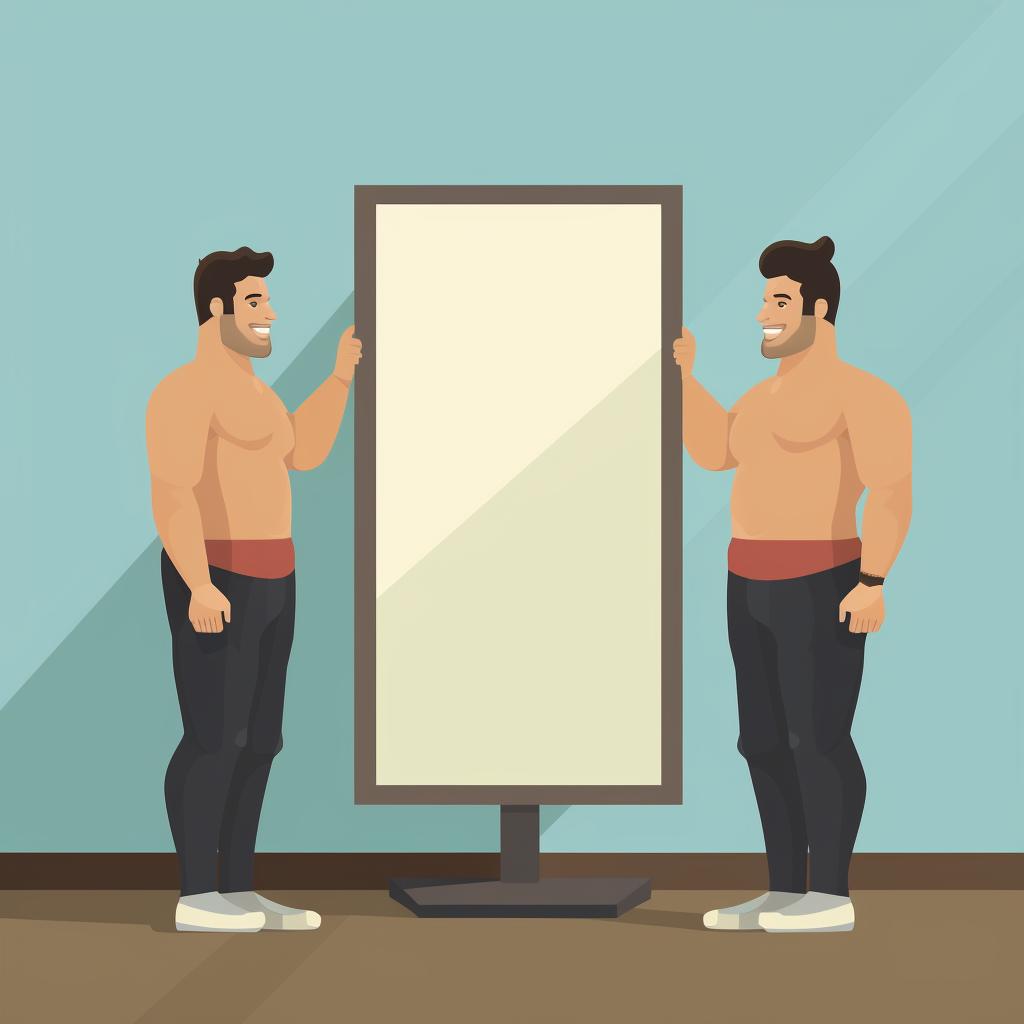 Illustration of a person confirming their body type in front of a mirror