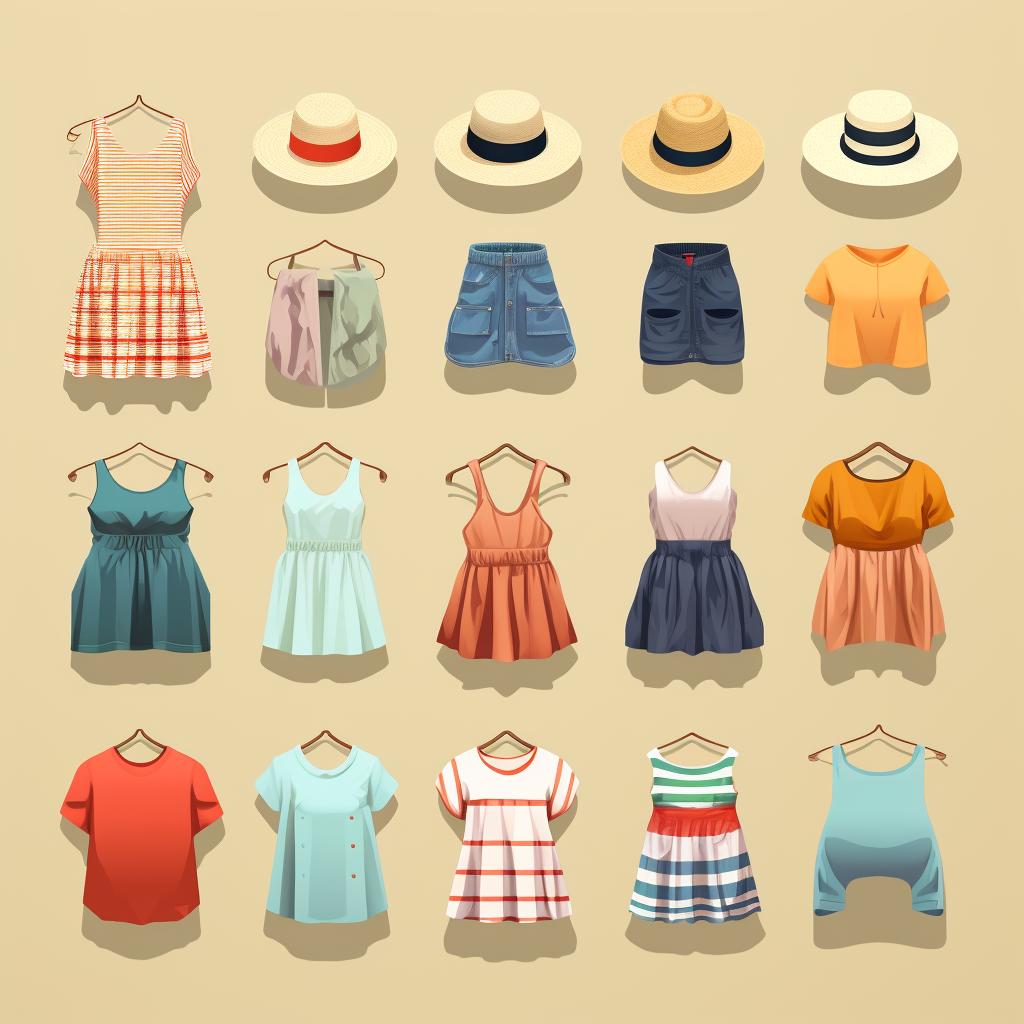 A collection of basic summer clothing items in various colors