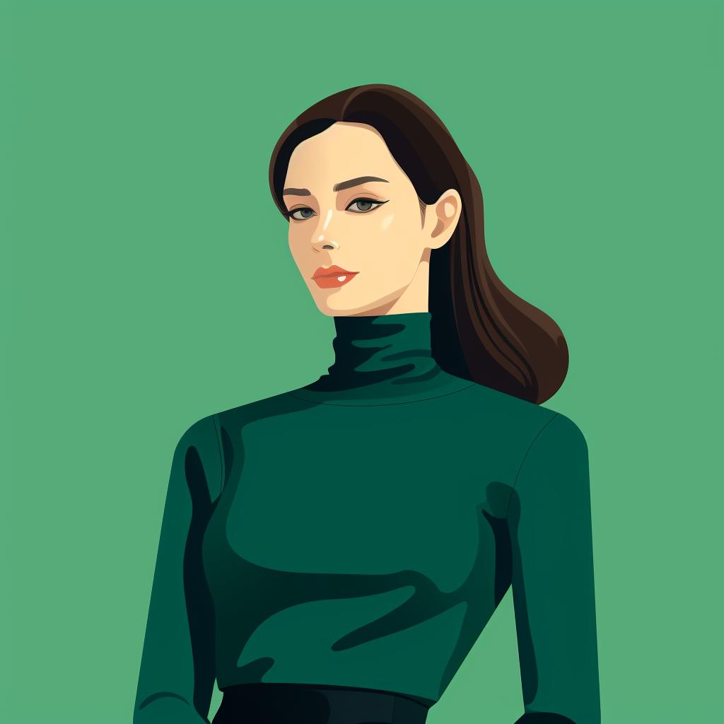 A woman wearing a fitted turtleneck in emerald green
