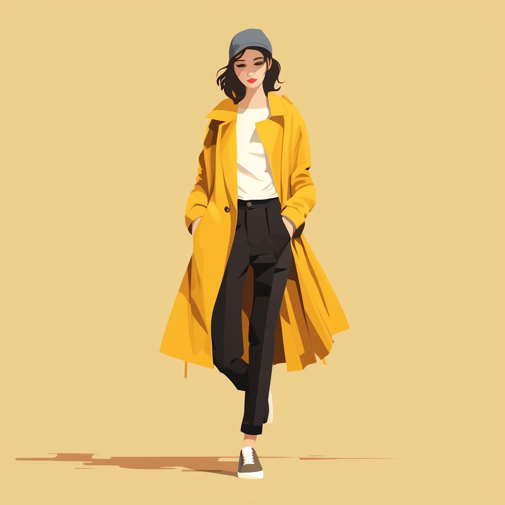 A woman wearing a mustard yellow trench coat over her outfit